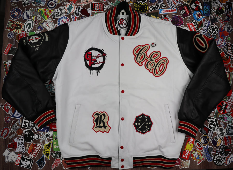 (LIMITED EDITION) WHITE, RED, BLACK GRAFFITI GANG ALL SHEEP LEATHER LETTERMEN'S  JACKET WITH CUSTOM NAME ON BACK (PRE ORDER ONLY)
